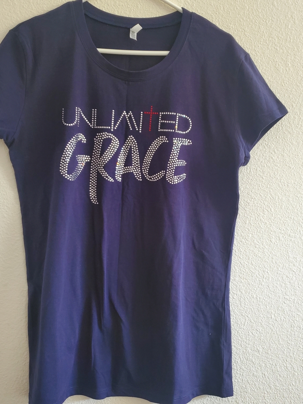 Reserved Women's Dark Blue Basic Tee With "Unlimited Grace" Rhinstone Wording